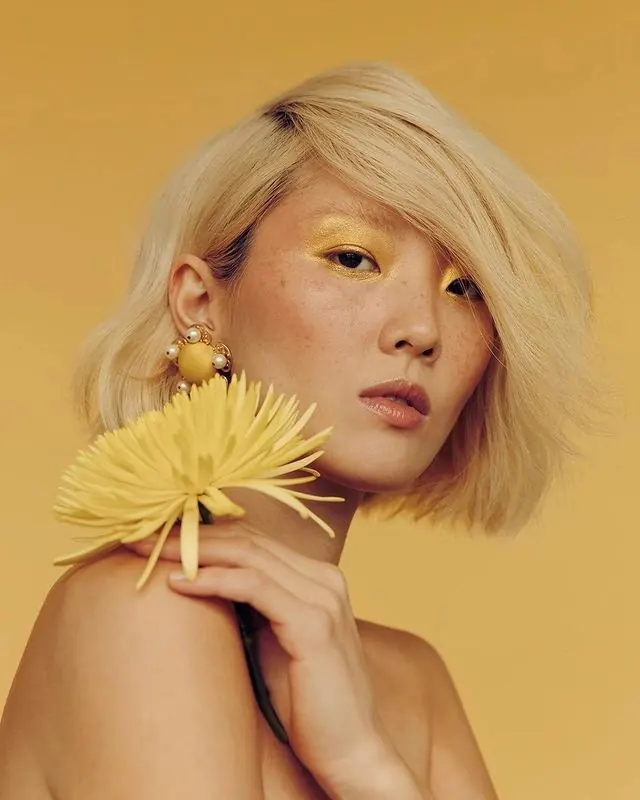 Monochrome yellow fashion beauty portrait, photographic, editorial, warm