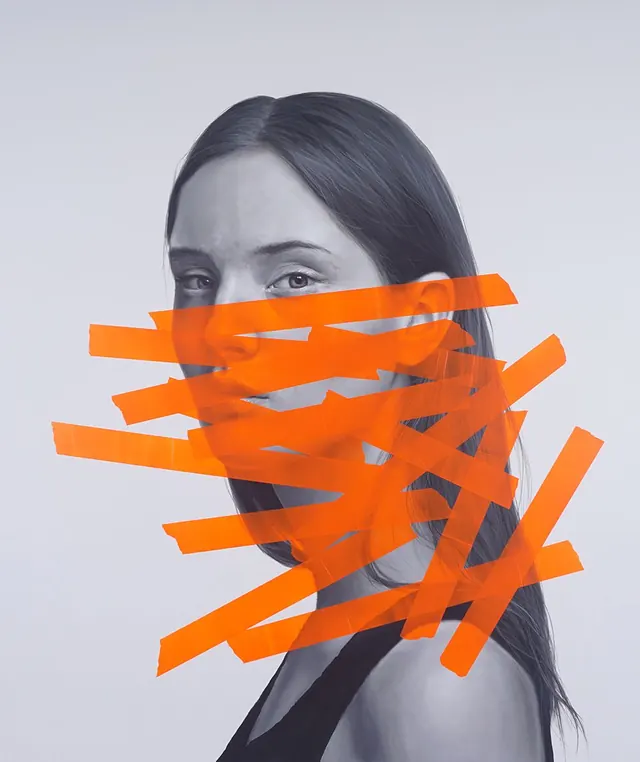 Abstract Portrait with Orange Overlays, minimal, abstract, monochrome