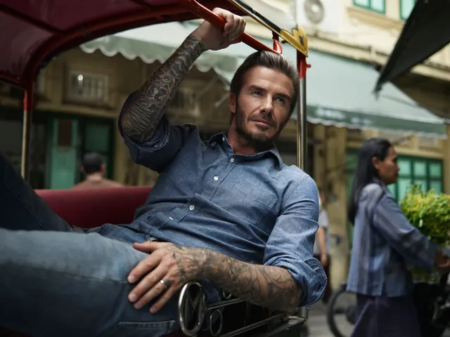 David Beckham tuk-tuk lifestyle portrait, photographic, editorial, warm