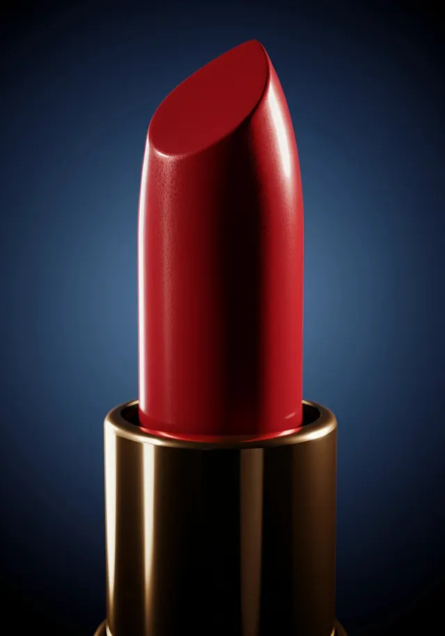 Red lipstick on navy macro shot, photographic, minimal, dark