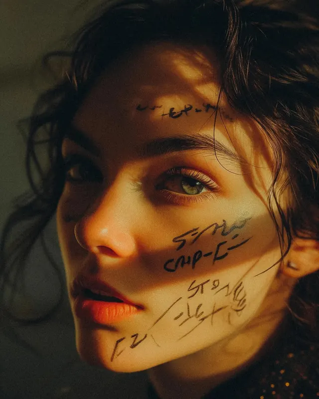 Ink-marked face with blind-shadow portrait, photographic, editorial, warm