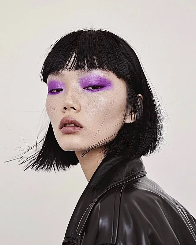 Purple eye makeup leather portrait, photographic, editorial, light