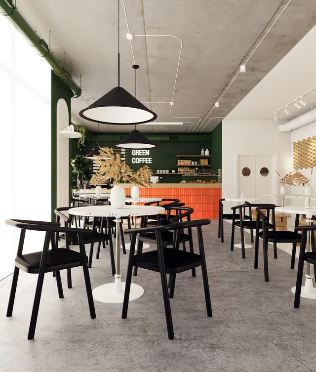 Green Coffee cafe interior, minimal, corporate-clean, warm