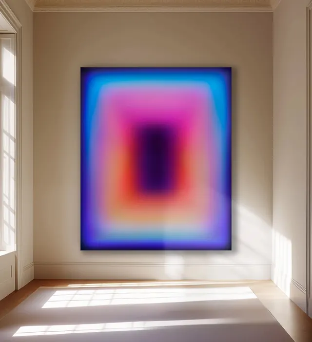 Gradient portal painting in gallery room, minimal, photographic, muted