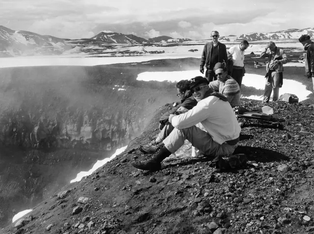 Volcano rim expedition portrait, photographic, retro, monochrome