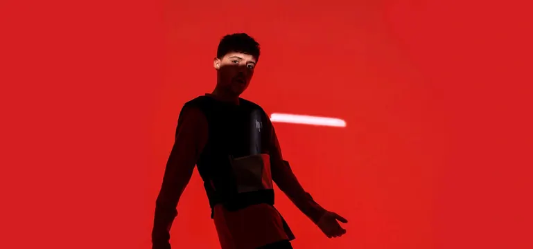 Red studio portrait with laser beams, editorial, photographic, vibrant