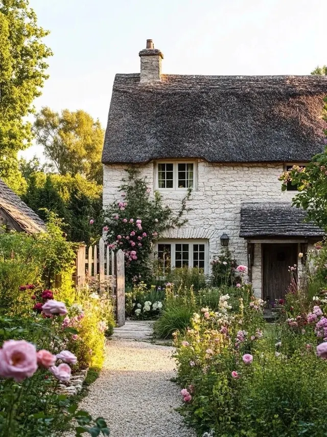 Thatched cottage rose garden photograph, photographic, organic, warm