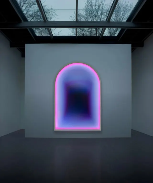 Turrell-style arched light installation, minimal, photographic, vibrant
