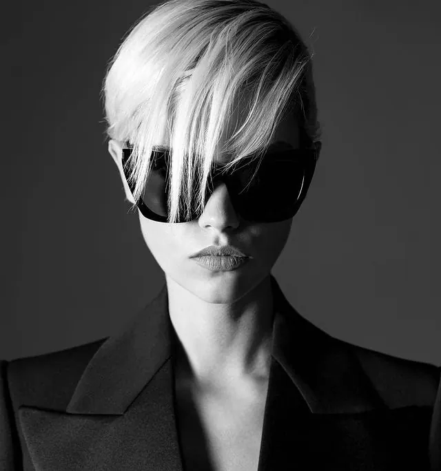Platinum pixie sunglasses fashion portrait, editorial, monochrome, monochrome