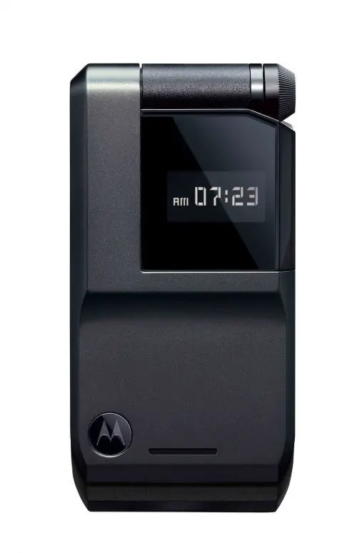 Motorola flip phone product shot, minimal, technical, monochrome