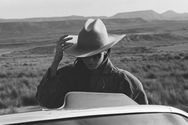 Western cowboy desert monochrome portrait, photographic, editorial, monochrome