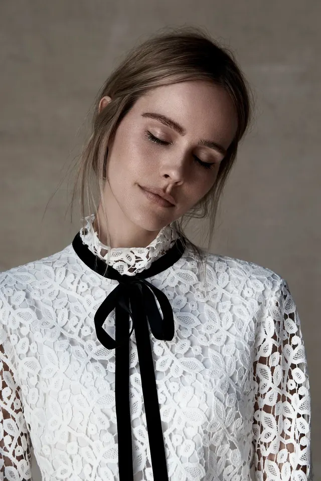 Lace blouse black bow fashion portrait, editorial, minimal, light