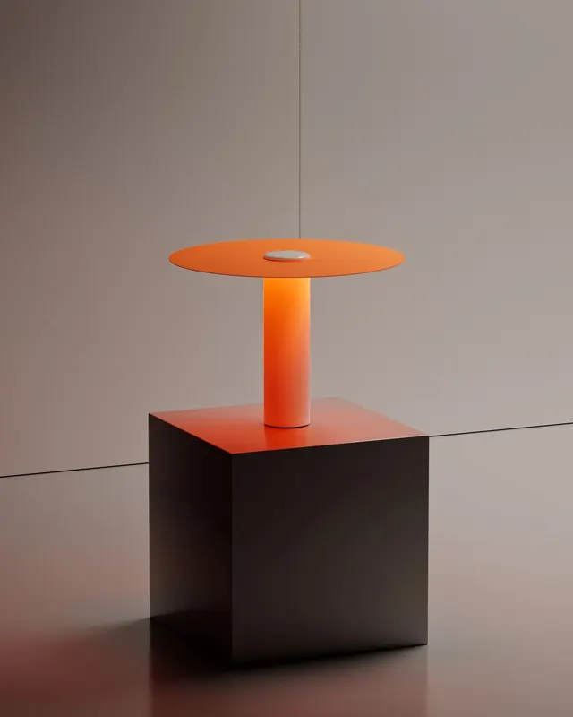 Orange disc table lamp product shot, minimal, technical, vibrant