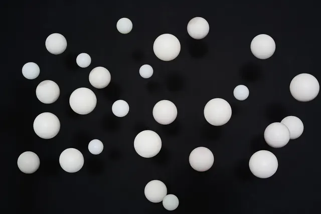 Floating white spheres on black, minimal, abstract, monochrome