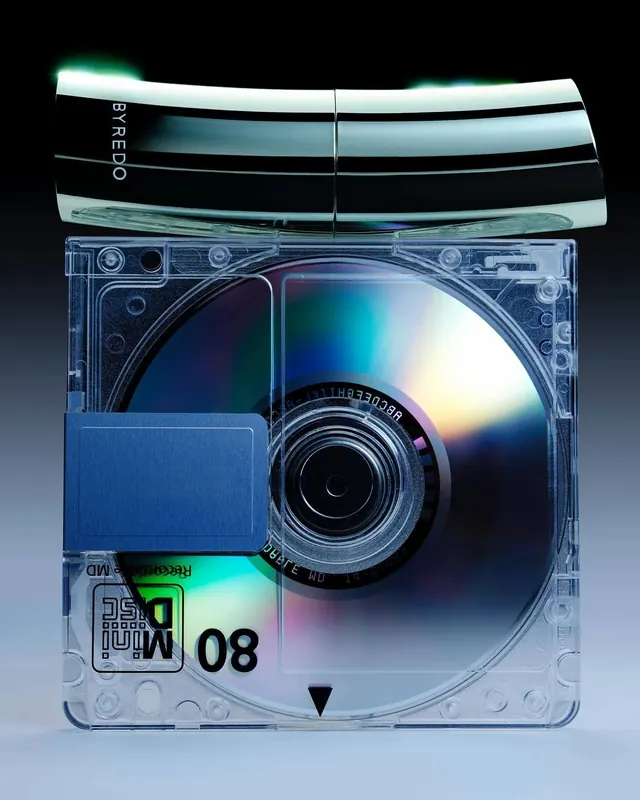 Byredo chrome on MiniDisc product shot, minimal, y2k, cool