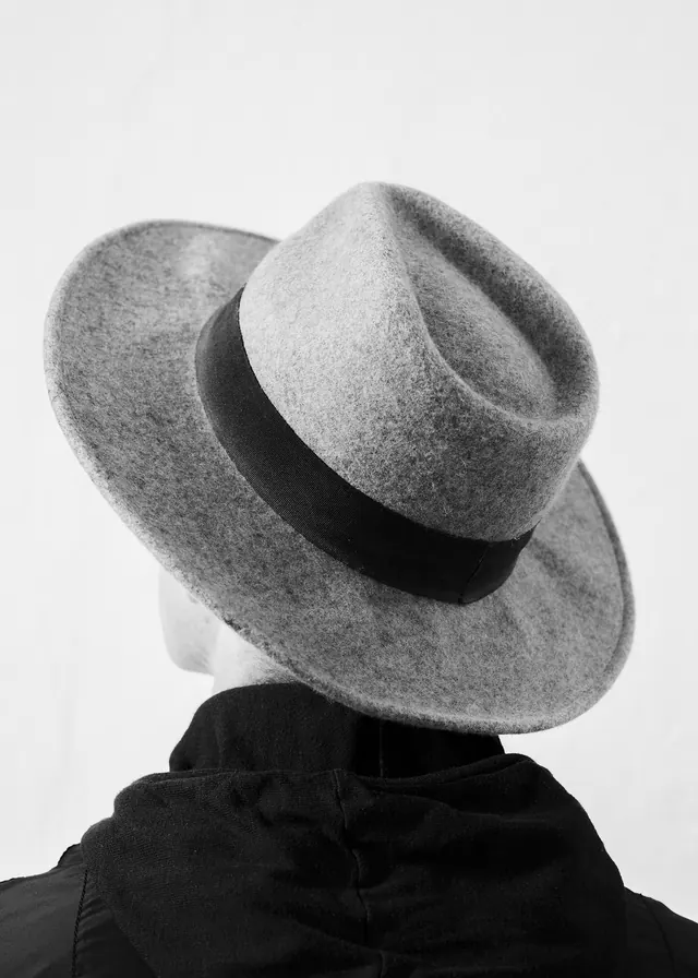 Back-view felt hat monochrome portrait, photographic, minimal, monochrome
