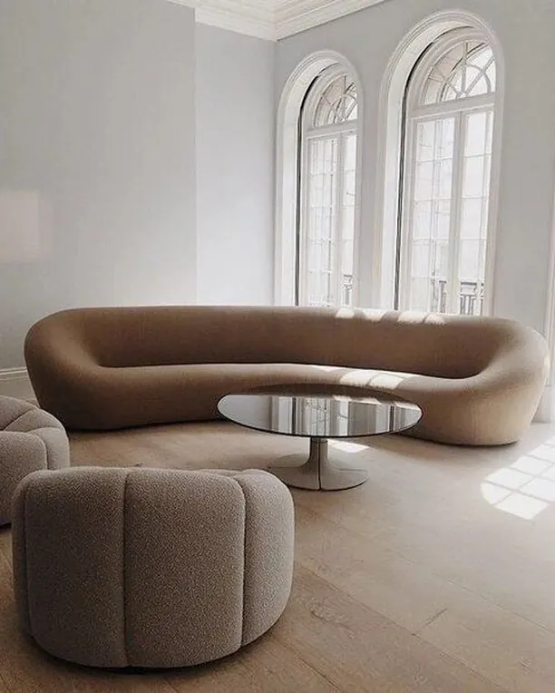 Organic curved sofa interior vignette, minimal, organic, light