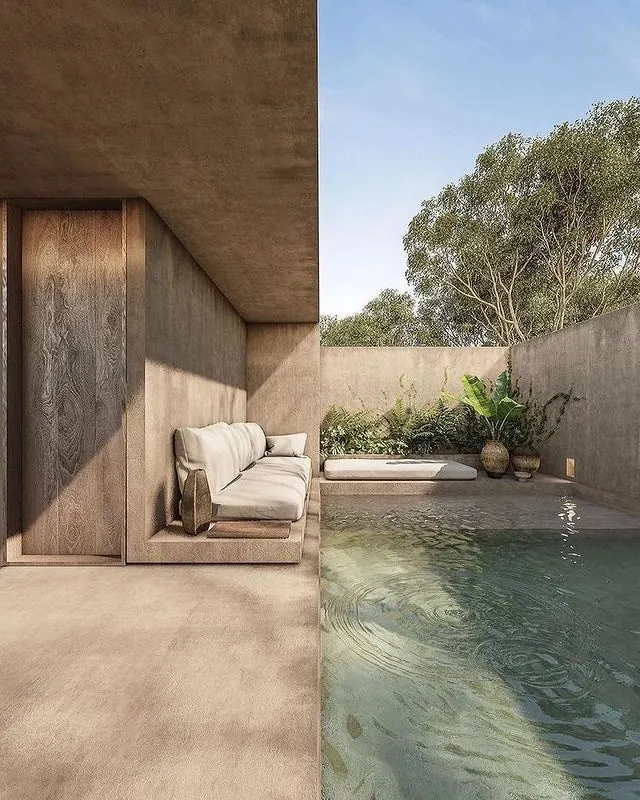Concrete pool lounge architectural render, minimal, organic, earthy