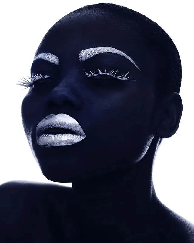 Silver makeup portrait on white, editorial, minimal, monochrome