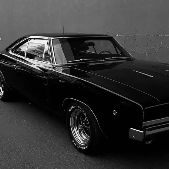 Black Dodge Charger muscle car, photographic, retro, monochrome