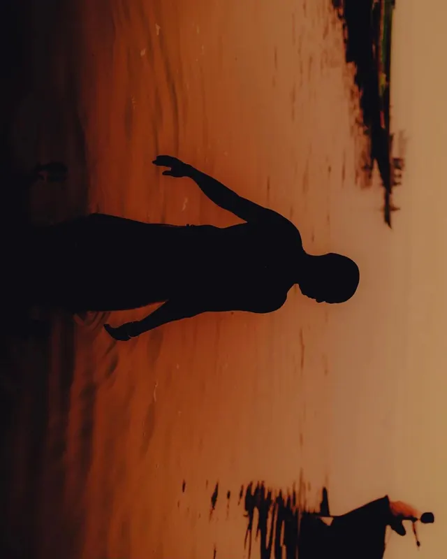 Golden-hour water silhouette, photographic, minimal, warm