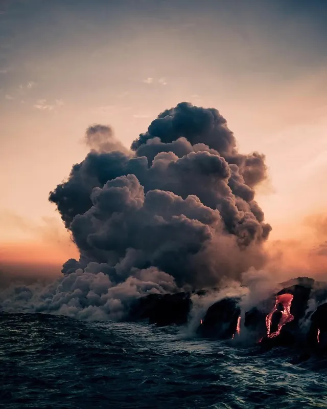 Volcanic lava meeting ocean steam plume, photographic, organic, dark