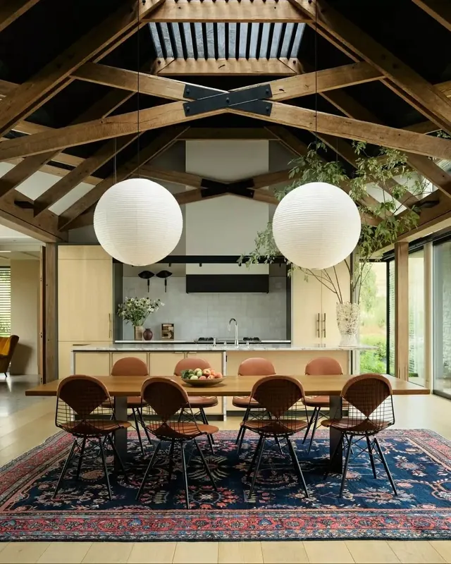 Modern wood beam dining interior, minimal, organic, warm