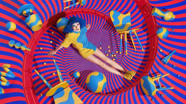Colorful striped tunnel fashion set, playful, graphic, vibrant