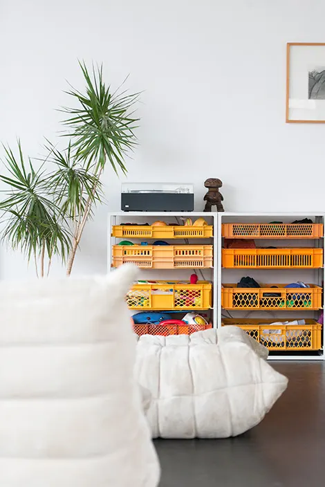 Orange crate storage wall, minimal, photographic, light