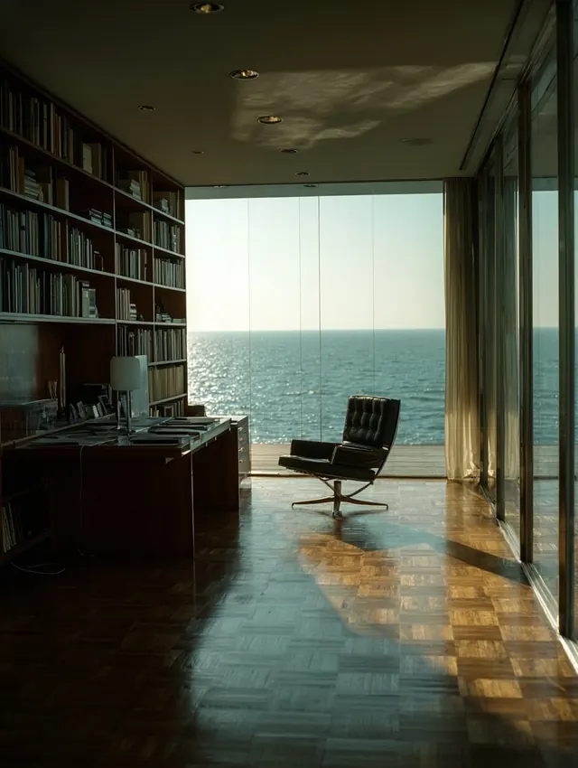 Modern Library Interior with Ocean View