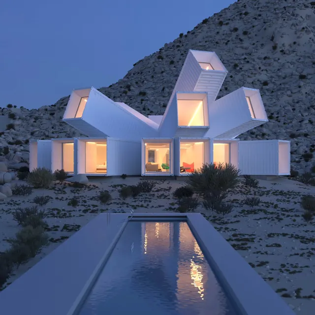 Desert shipping container house at twilight, minimal, photographic, dark