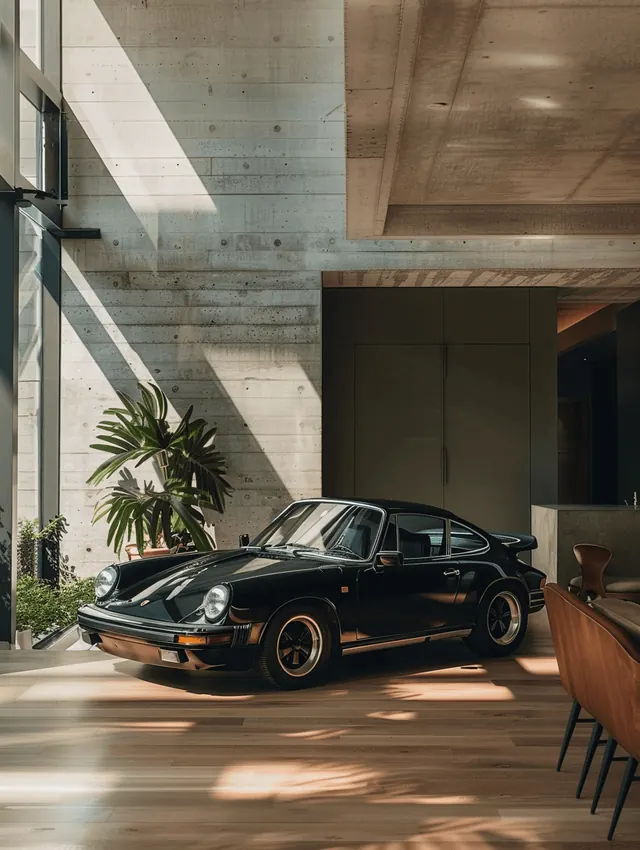 Black Sports Car in Industrial Interior