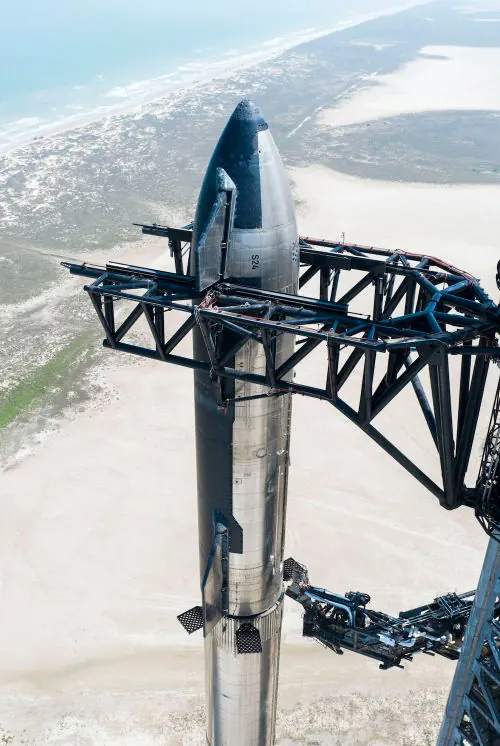 Starship rocket vertical aerial photography, photographic, technical, light