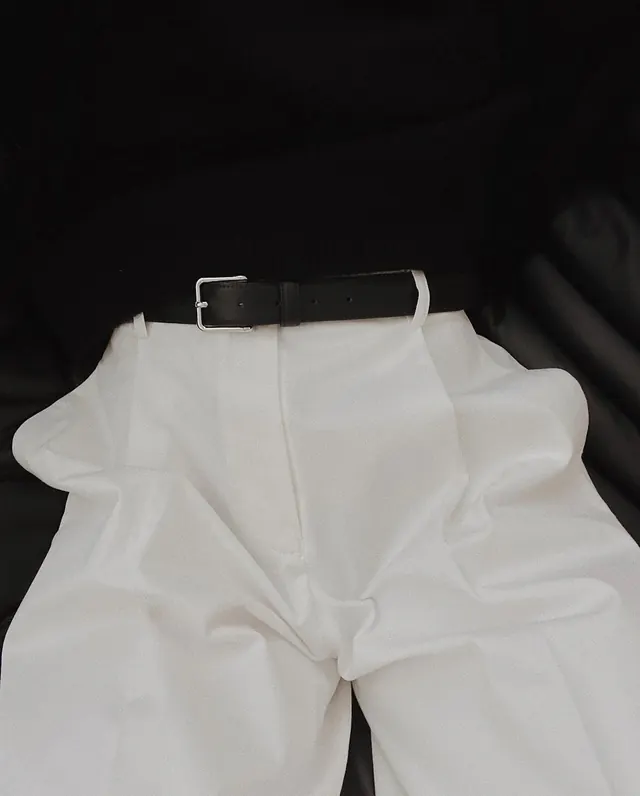White Satin Trousers with Black Belt