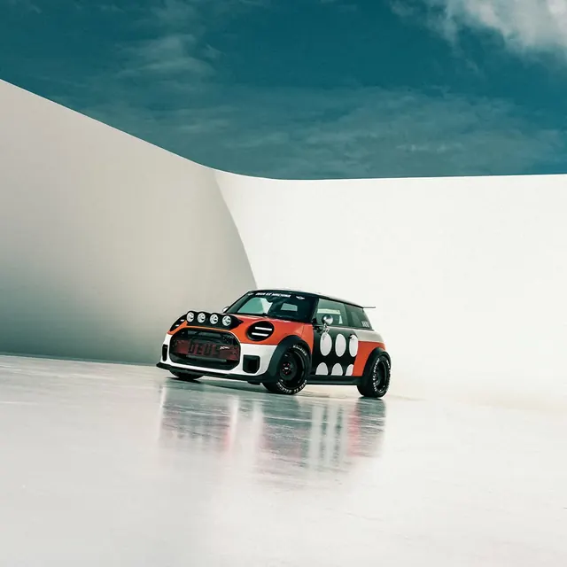 Mini JCW in minimalist white studio, minimal, photographic, light