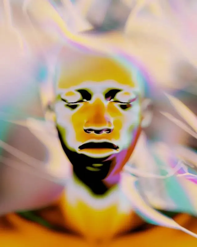 Iridescent portrait with flowing light, abstract, photographic, warm