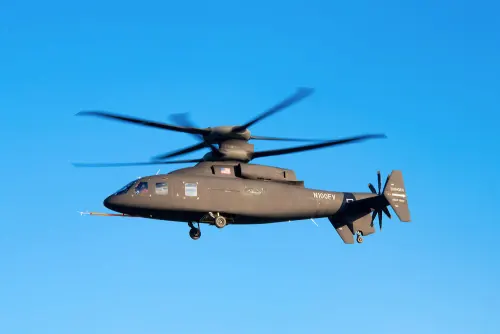 Military tiltrotor helicopter in flight, photographic, technical, vibrant