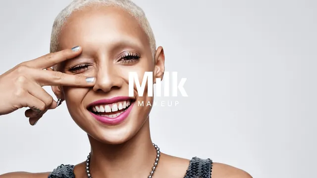 Milk Makeup campaign portrait with platinum buzz cut, photographic, minimal, light