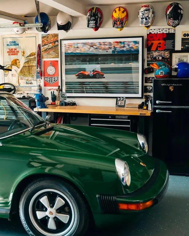 Retro Garage Interior with Classic Car