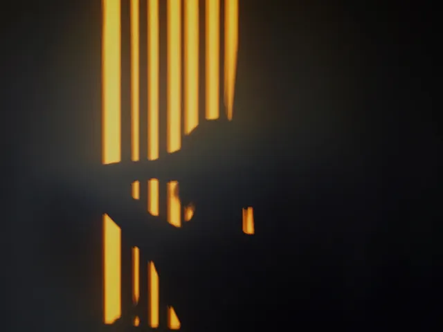 Golden light through vertical slats, minimal, dark-mode, dark