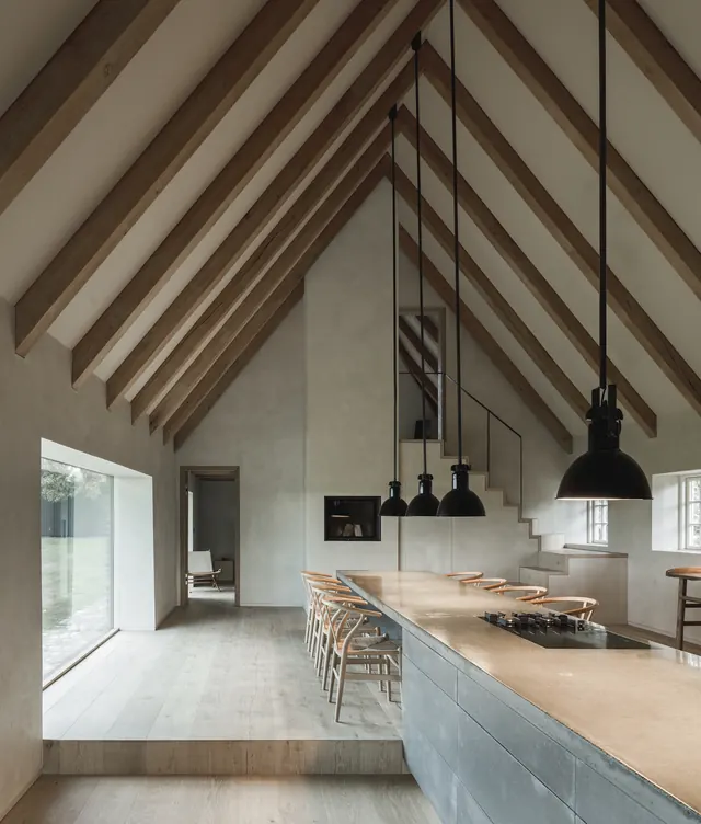 Modern cottage interior with exposed wooden beams, photographic, minimal, light