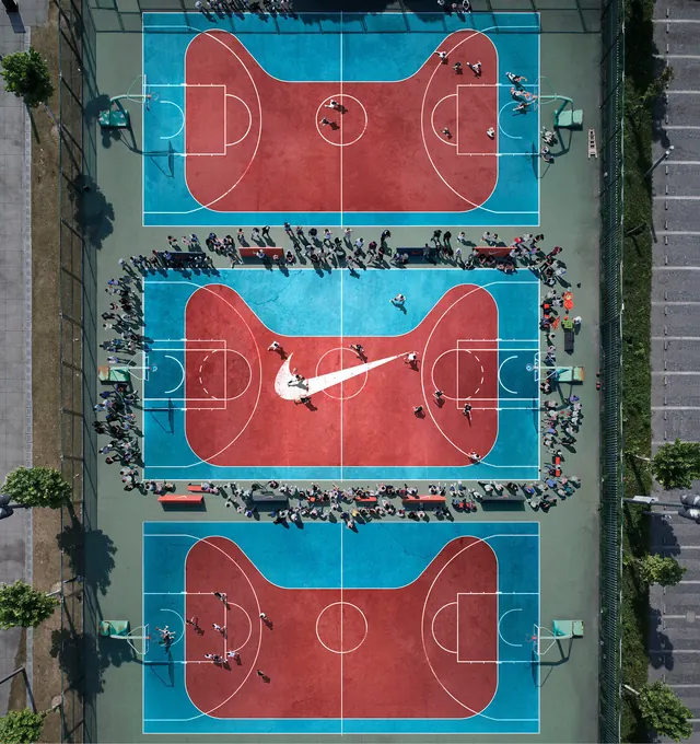 Nike 11.11 sports court installation, minimal, corporate-clean, warm
