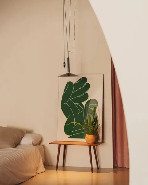 Minimalist interior with botanical art, minimalist, organic, warm