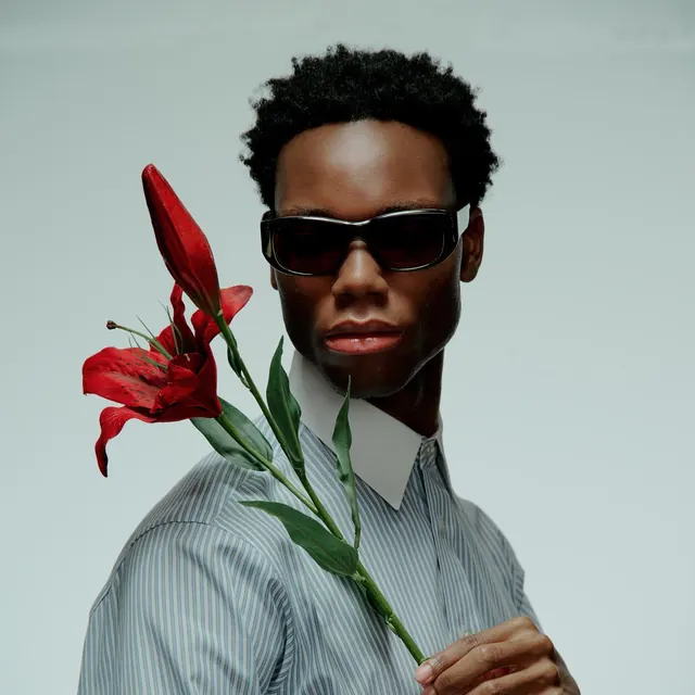 Portrait with red flower and sunglasses, photographic, minimal, cool
