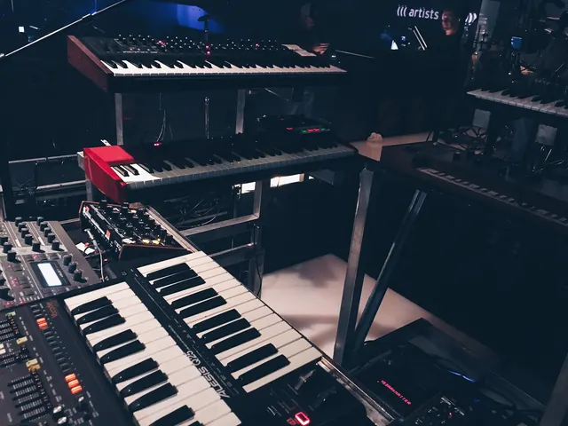 Music studio setup with multiple keyboards, photographic, dark-mode, dark