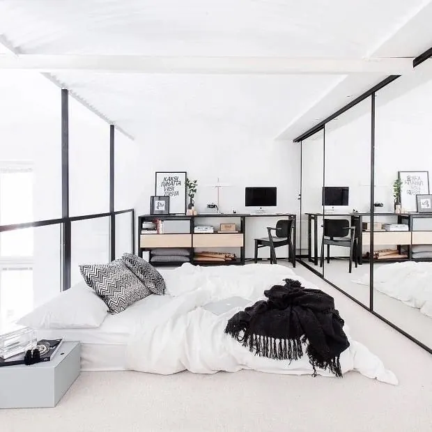 Minimalist bedroom with glass partition, photographic, minimal, light