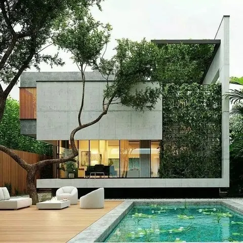 Modern residential pool with concrete and greenery, photographic, organic, cool
