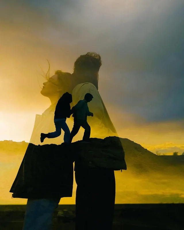 Double exposure family silhouette, photographic, gradient-heavy, warm