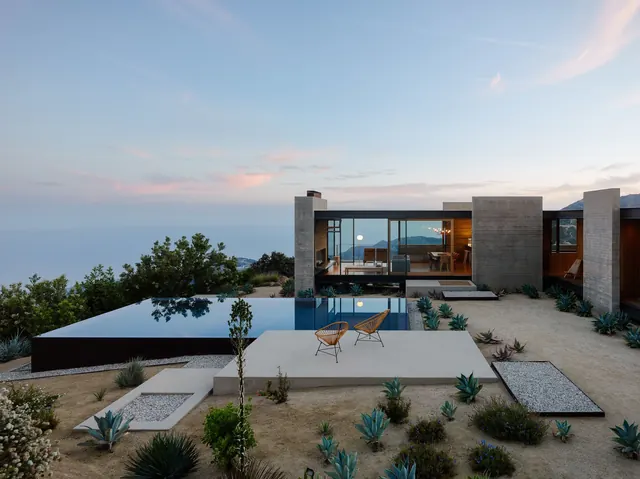 Modernist hillside residence with infinity pool, minimal, corporate-clean, cool