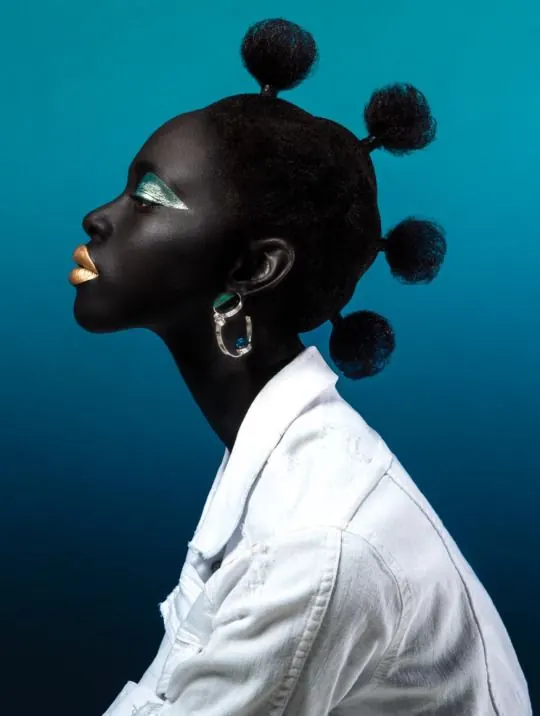 Portrait with Abstract Head Ornamentation, photographic, bold, dark